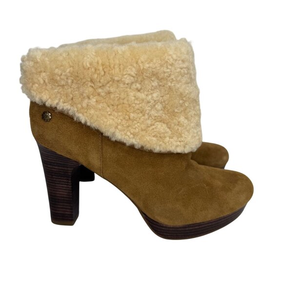 UGG Tan‎ Suede High Heel Boots With Shearling Cuff & Wooden Block Heel Size 7.5 - Picture 2 of 8